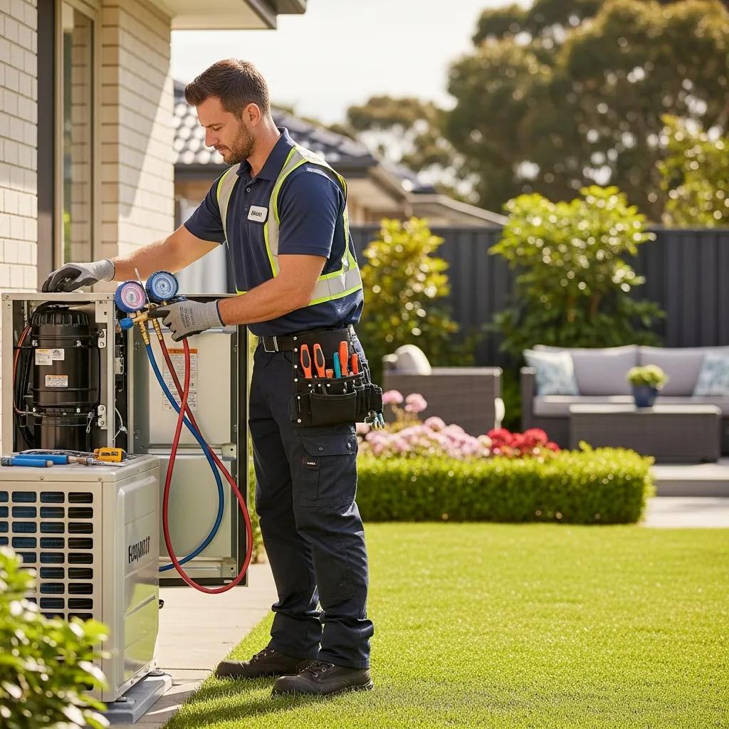 A Frascona HVAC-R technician servicing a residential air conditioning unit