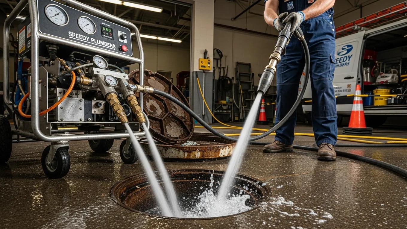 Hydro jetting machine clearing a drain