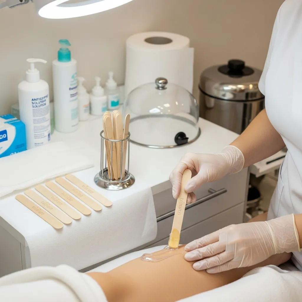 Hygiene protocols in a waxing salon with single‑use applicators and a clean workspace — emphasizing safety and cleanliness