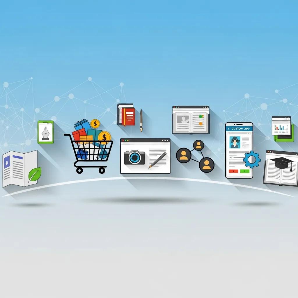 Icons showing different website types: brochure site, e‑commerce store and custom web app