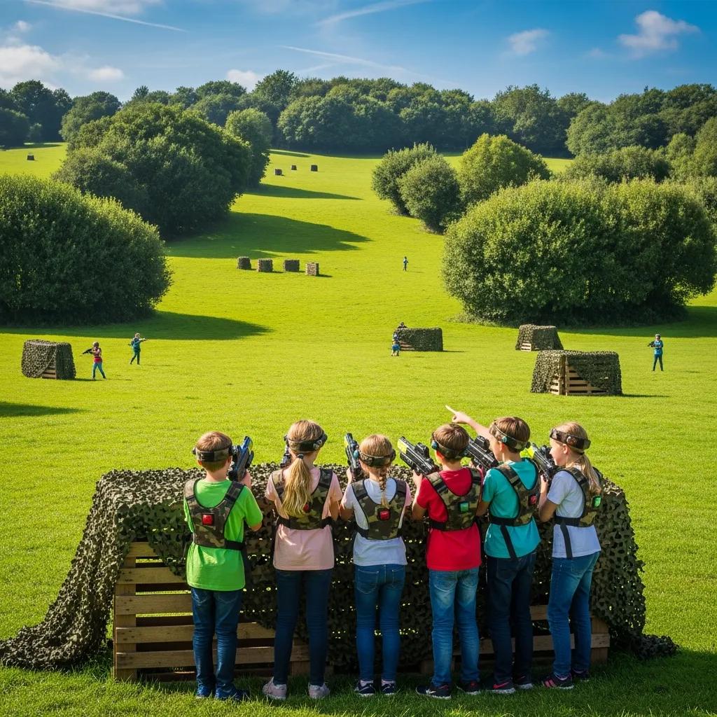 Ideal park setting for outdoor laser tag with children strategizing behind barricades Ideal park setting for outdoor laser tag with children strategizing behind barricades