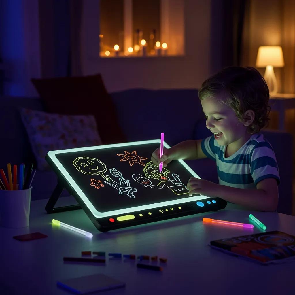 Illuminated drawing board with colorful pens in a cozy home setting, highlighting creativity and engagement