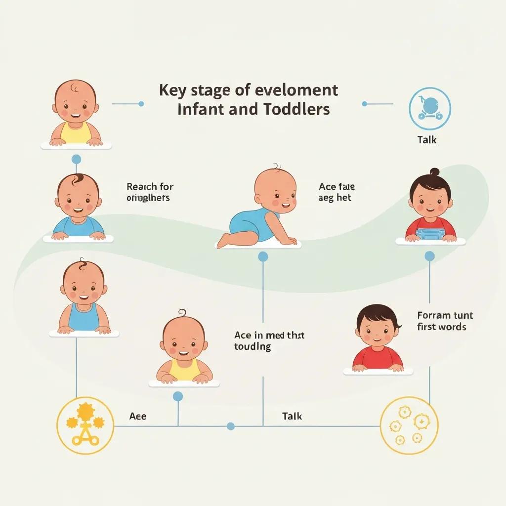 Illustration of brain development stages in infants and toddlers, showcasing growth milestones