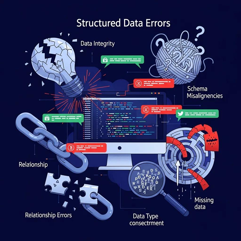 Illustration of structured data errors with code snippets and visual metaphors for clarity