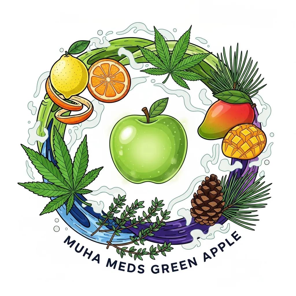 Illustration of terpenes limonene, myrcene, and pinene with their natural sources