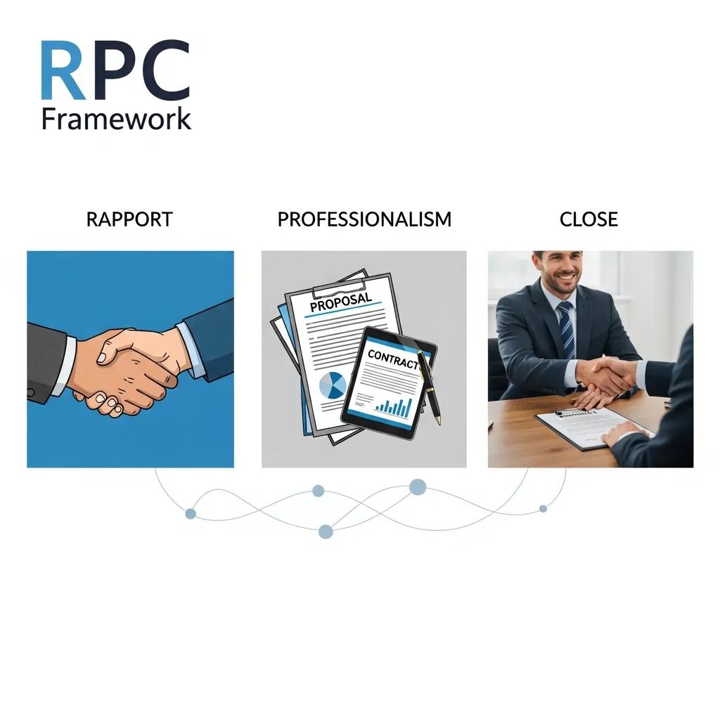 Graphic showing the three RPC pillars: Rapport, Professionalism, Close