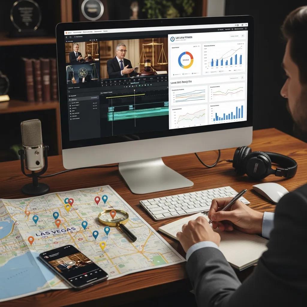 Diagram showing how video production supports local SEO for Las Vegas law firms with analytics and maps