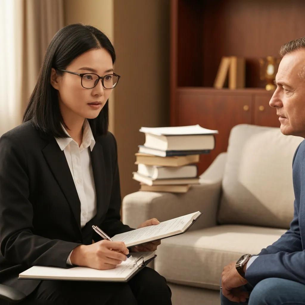 Immigration attorney advising a client in an office, showing legal guidance