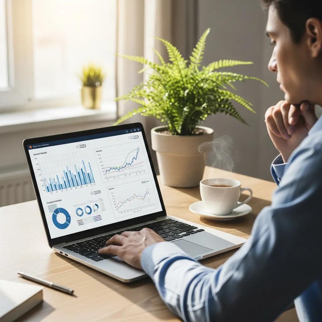Person reviewing investment options on a laptop in a home office Person reviewing investment options on a laptop in a home office