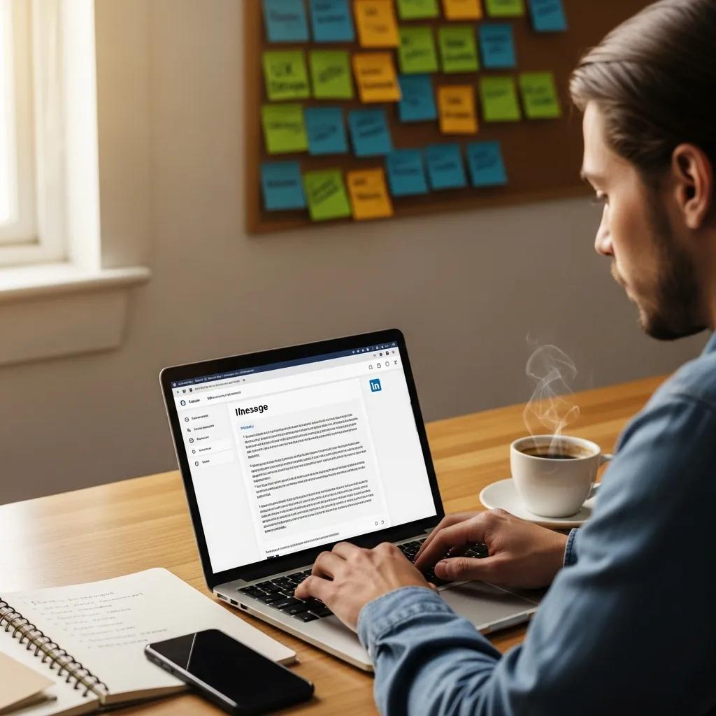 Person crafting personalised LinkedIn messages with notes and coffee in a cozy workspace