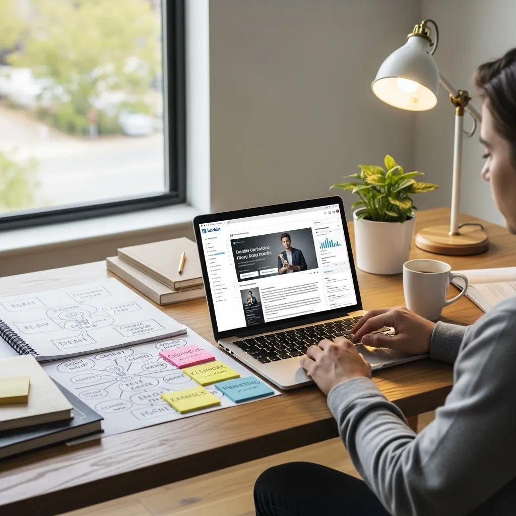 Person crafting LinkedIn content in a bright workspace, surrounded by notes and ideas