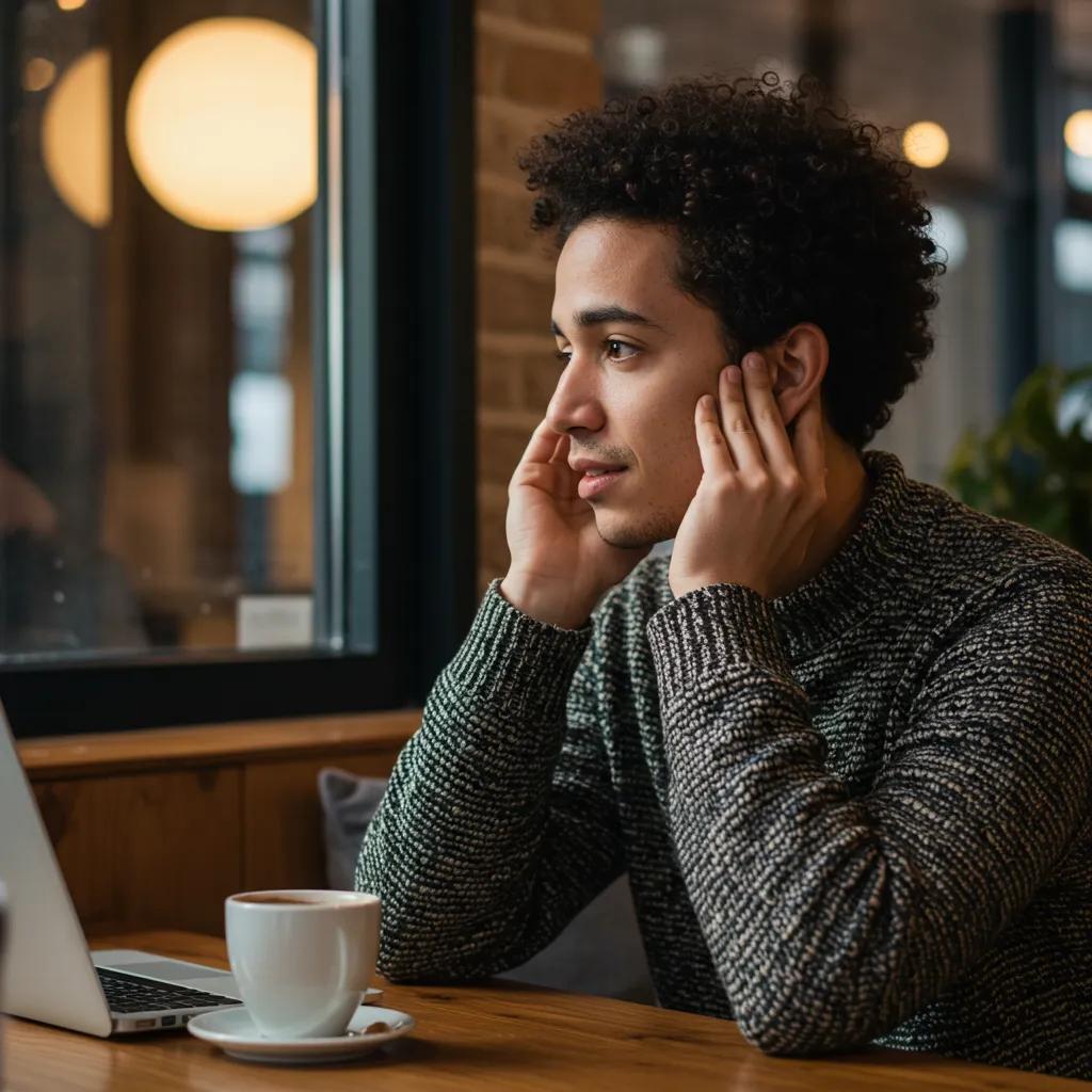 Individual demonstrating active listening skills in a cozy coffee shop setting Individual demonstrating active listening skills in a cozy coffee shop setting