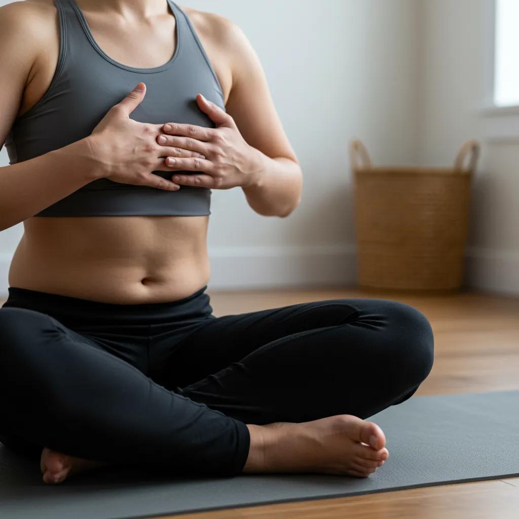 Individual demonstrating diaphragmatic breathing technique in a calm indoor setting Individual demonstrating diaphragmatic breathing technique in a calm indoor setting