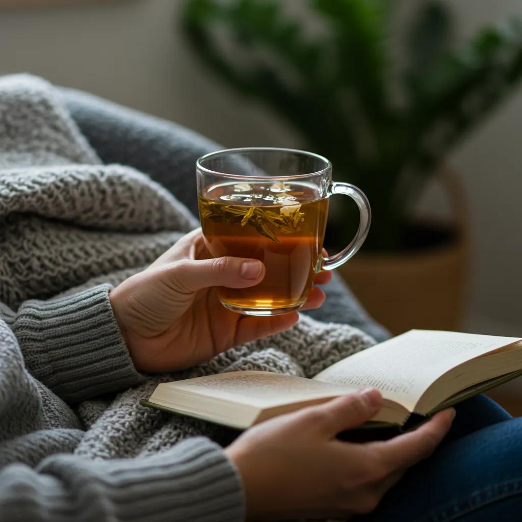Individual enjoying self-care with tea and a book in a cozy indoor environment Individual enjoying self-care with tea and a book in a cozy indoor environment
