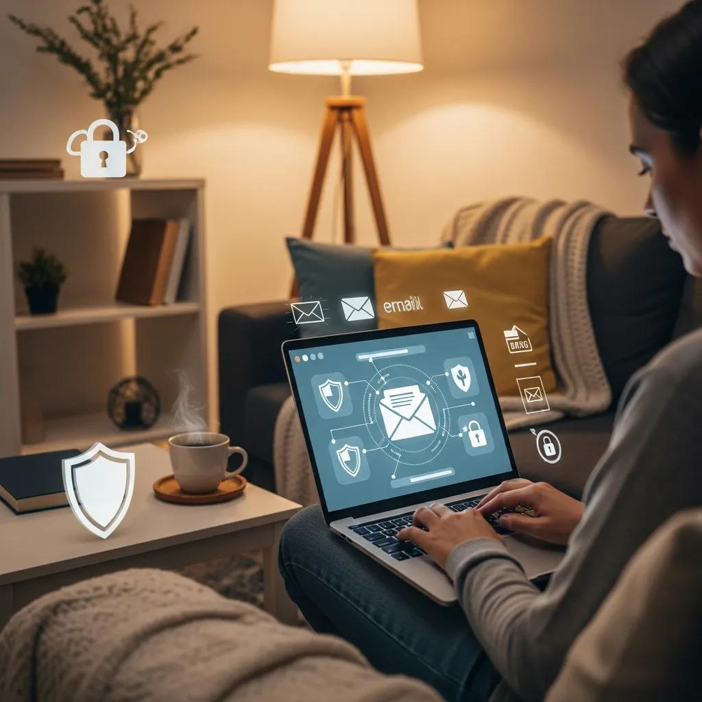 Person using a laptop in a home setting while following email privacy steps