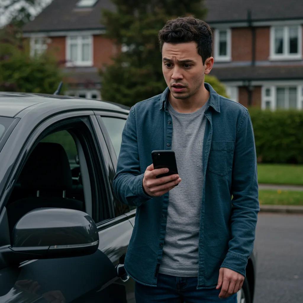 A person standing outside a locked car, looking for assistance in a suburban area