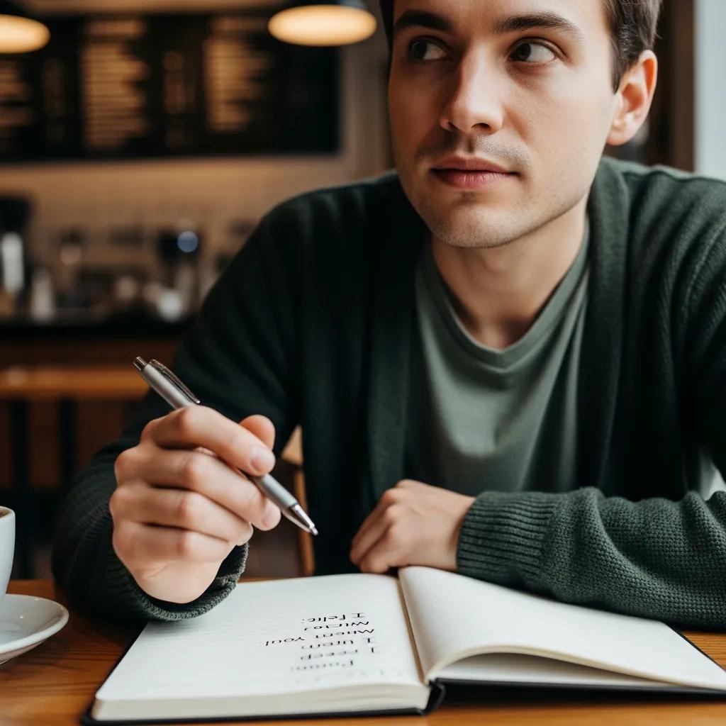Person practicing assertive phrases with a notepad in a coffee shop Person practicing assertive phrases with a notepad in a coffee shop