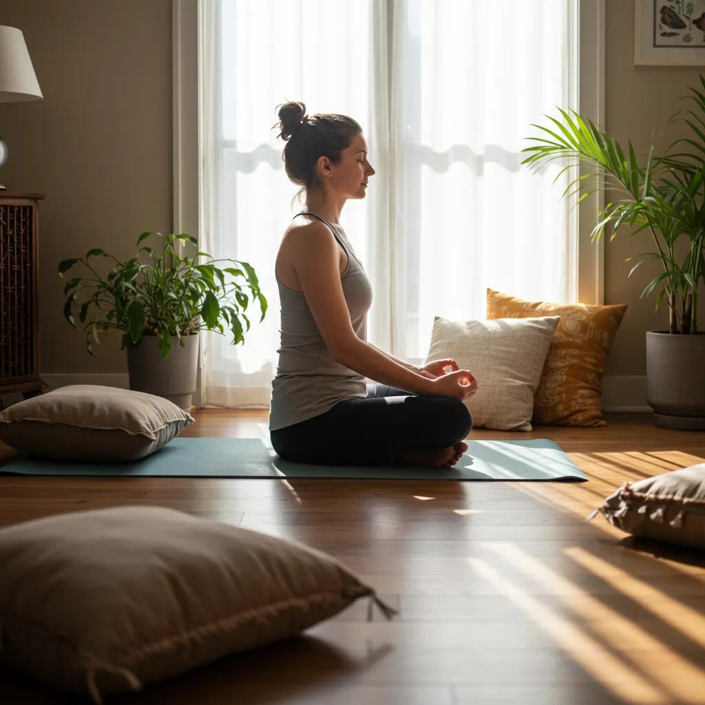 Individual practicing mindfulness meditation in a serene indoor setting with natural light, surrounded by cushions and plants, illustrating gratitude and mindfulness techniques for mental well-being.
