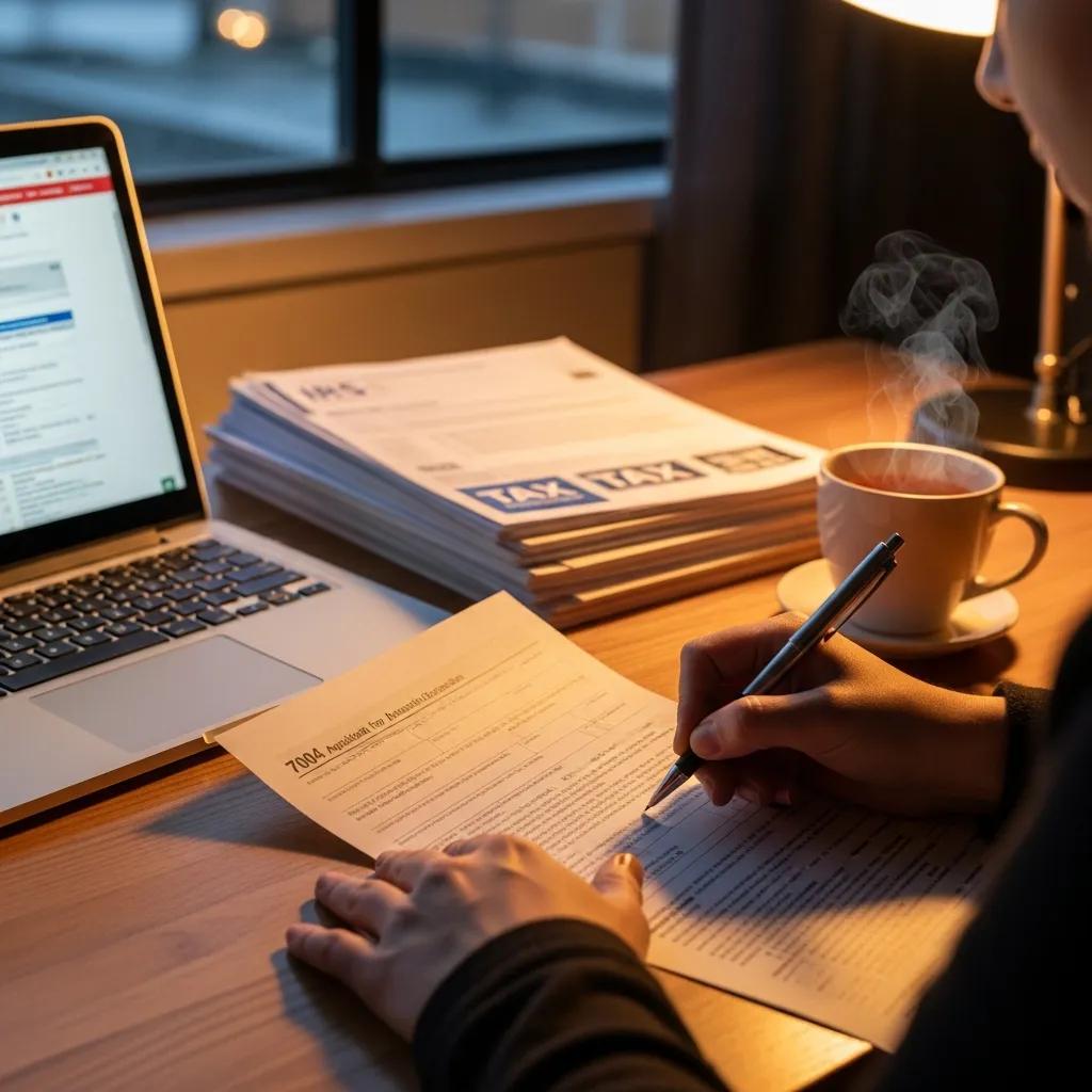 Individual preparing tax extension form in a warm workspace