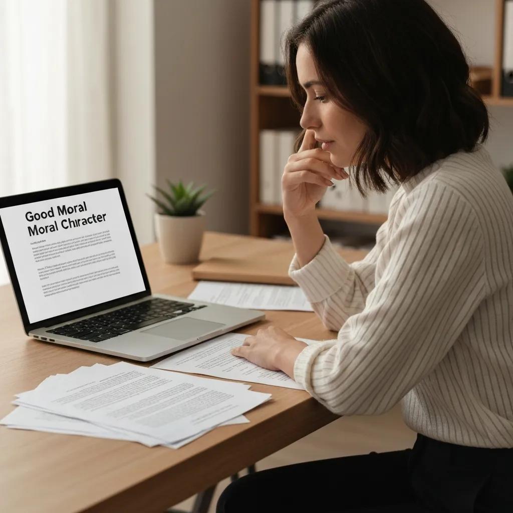 Person reviewing documents to demonstrate Good Moral Character for a citizenship application Person reviewing documents to demonstrate Good Moral Character for a citizenship application
