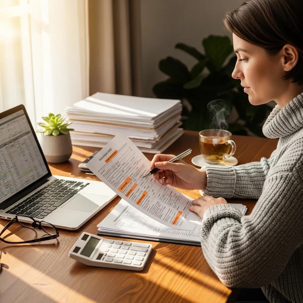 Person reviewing health insurance documents and calculating therapy costs at a desk