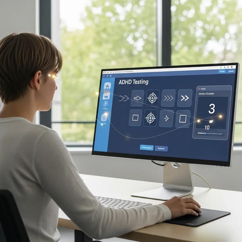 Individual using a computer for objective ADHD testing, illustrating the measurement of attention and hyperactivity