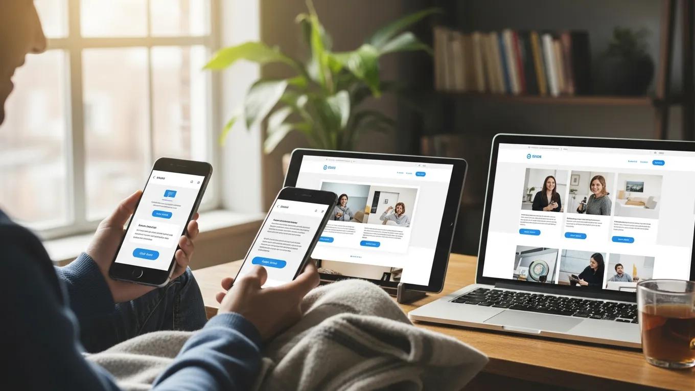 Individual utilizing a responsive website design across multiple devices, showcasing improved user experience and adaptability.