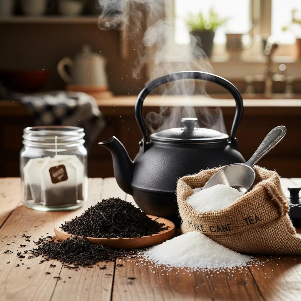 Ingredients for authentic Southern sweet tea on a rustic kitchen table