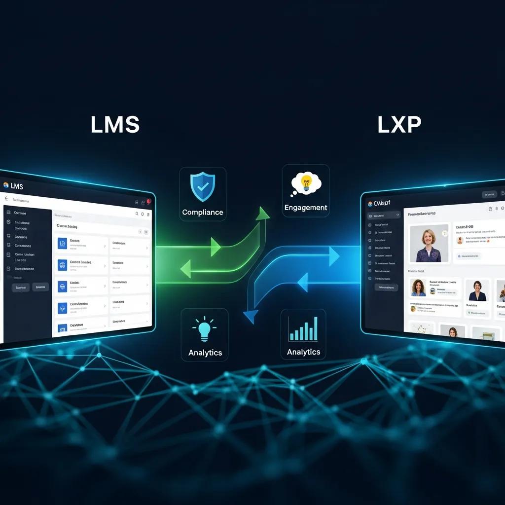Integration of LMS and LXP platforms showcasing data flow and benefits