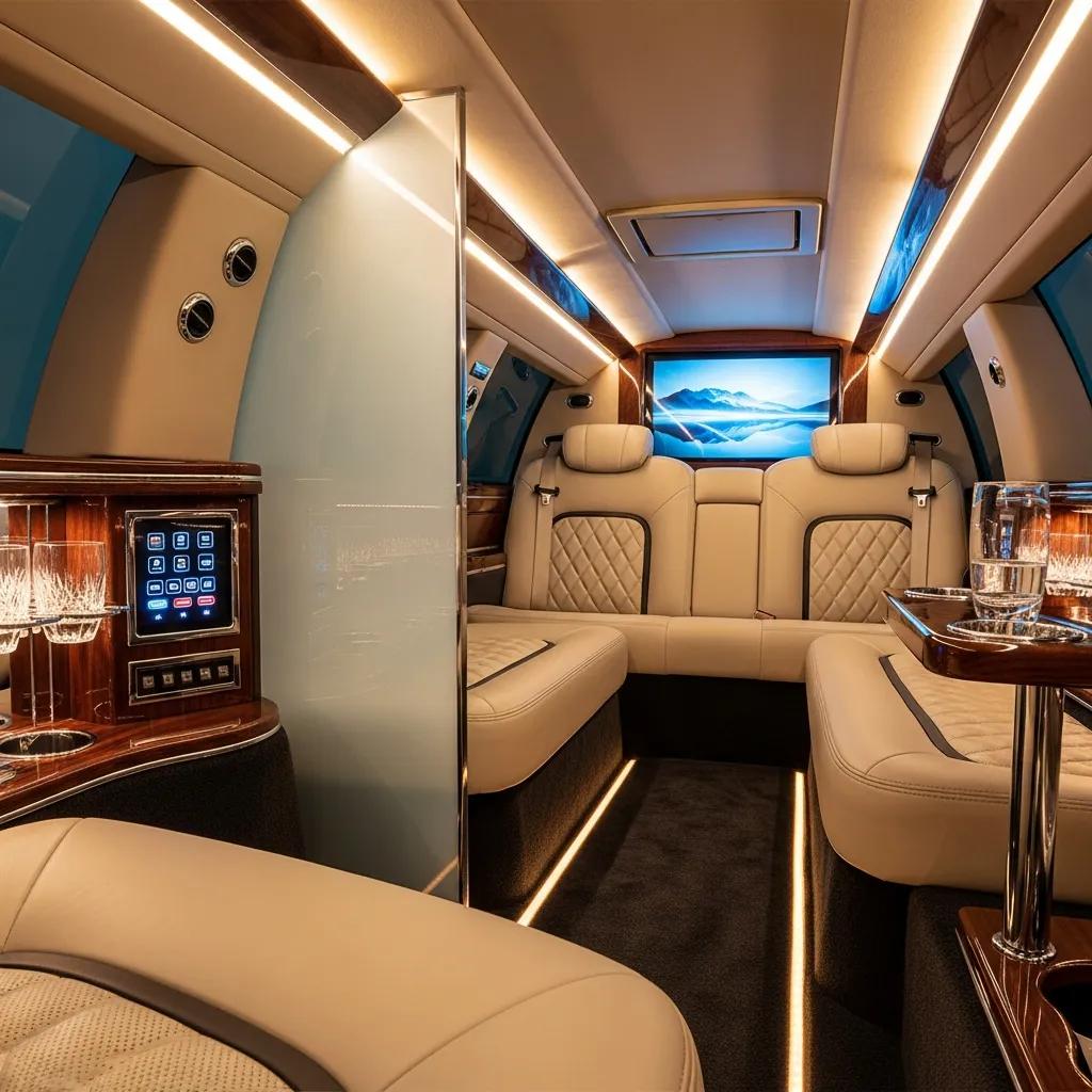 Limo interior with plush seating and refined finish — ideal for comfortable airport transfers