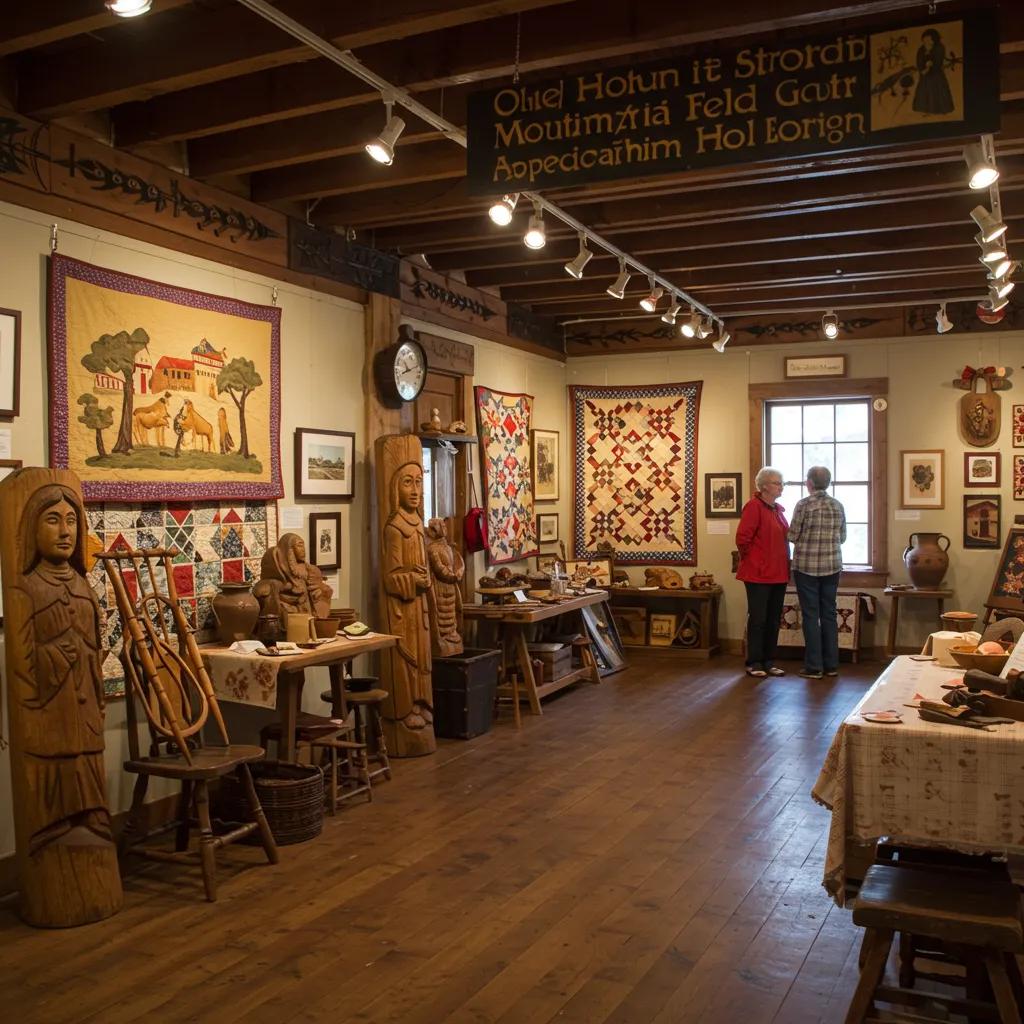 The inviting interior of Old Mountain Field Gallery, showcasing authentic Appalachian folk art and local crafts