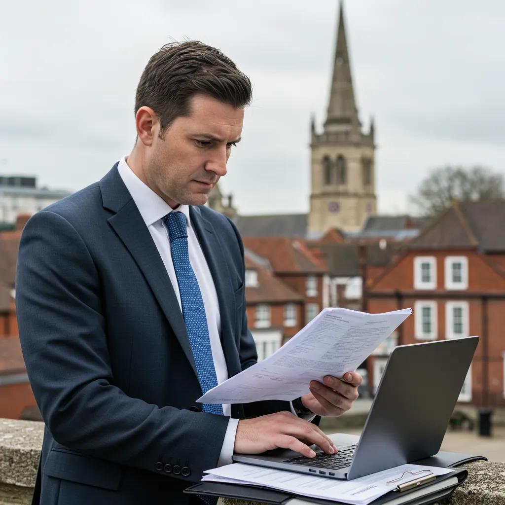 Investigator analyzing documents in an urban Essex setting, emphasizing people tracing services