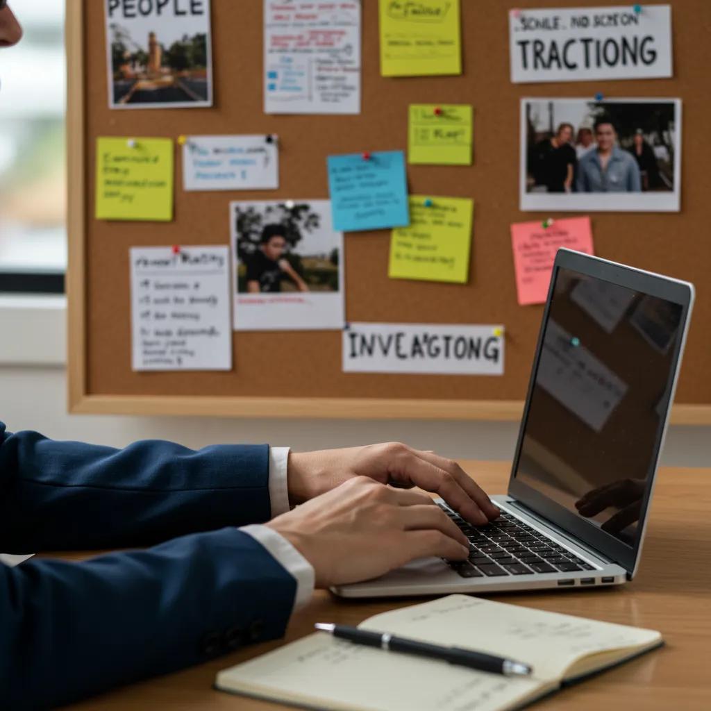 Investigator conducting people tracing research with a laptop and notes