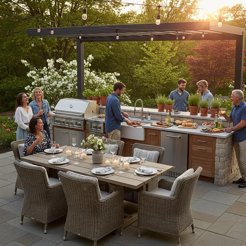 Inviting outdoor kitchen and dining area that increases curb appeal