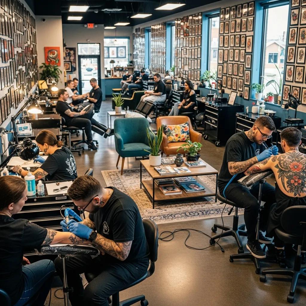 Phantom Avenue studio interior — artists working with designs on display