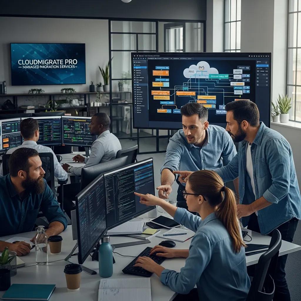 IT experts collaborating on a cloud migration project in a tech environment