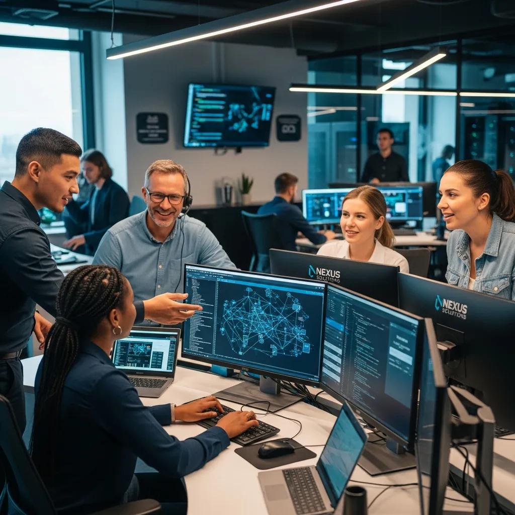 IT helpdesk team collaborating in a modern workspace, showcasing technology and support services