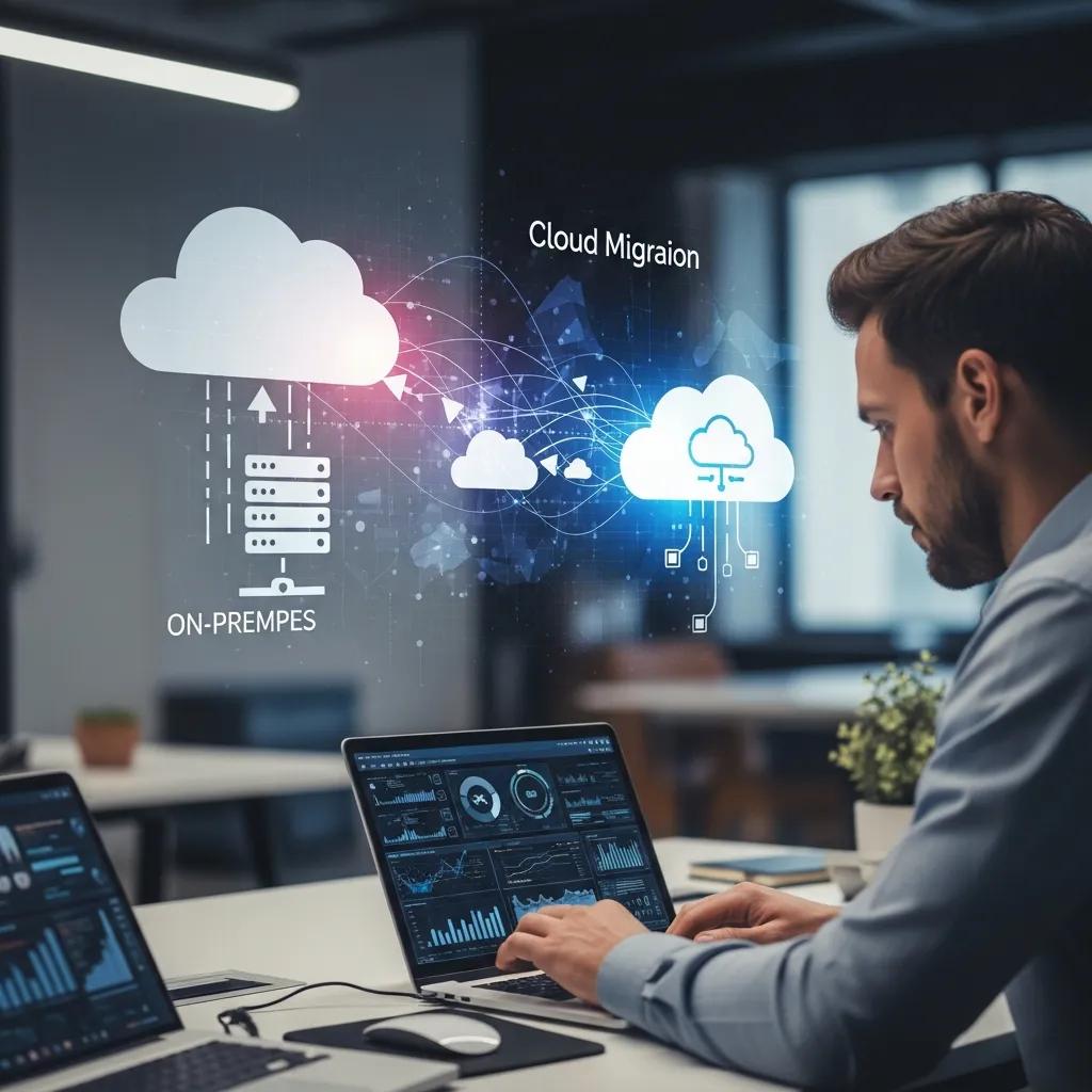 IT professional planning cloud migration strategies with data visuals