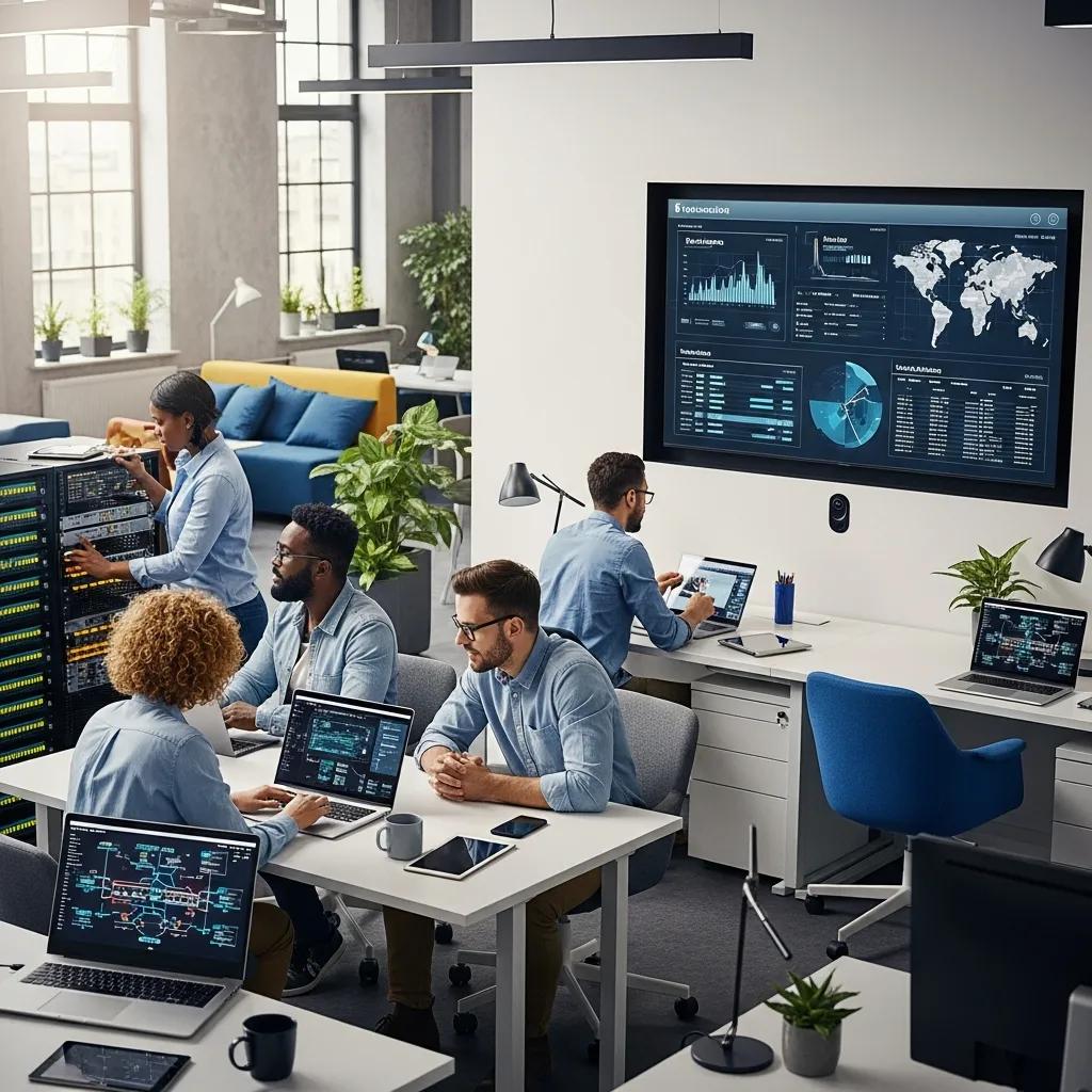 Evolution Technologies team working together in a modern office, highlighting managed IT services