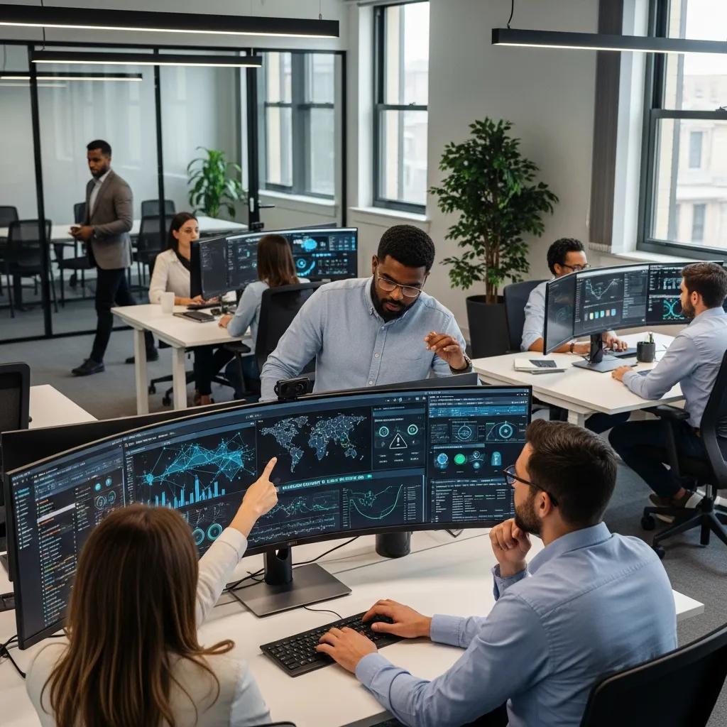 IT professionals collaborating on cybersecurity data in a modern office