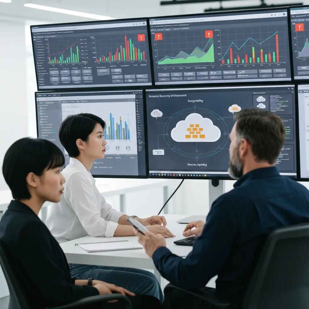 IT team monitoring cloud security systems to improve data protection