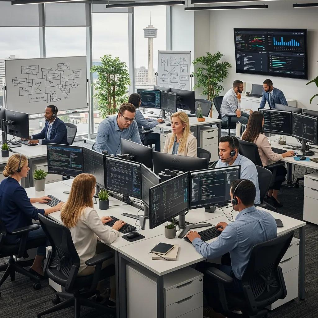 IT support team assisting clients in a modern office setting