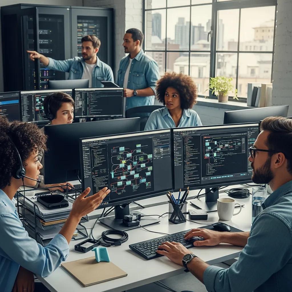 IT support team collaborating in a modern office, emphasizing 24/7 helpdesk services