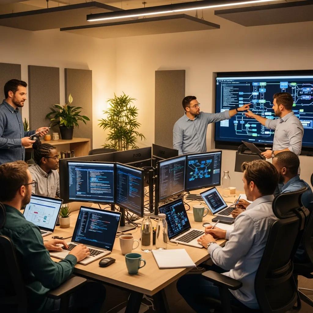 IT support team collaborating in a modern office setting, emphasizing managed IT services