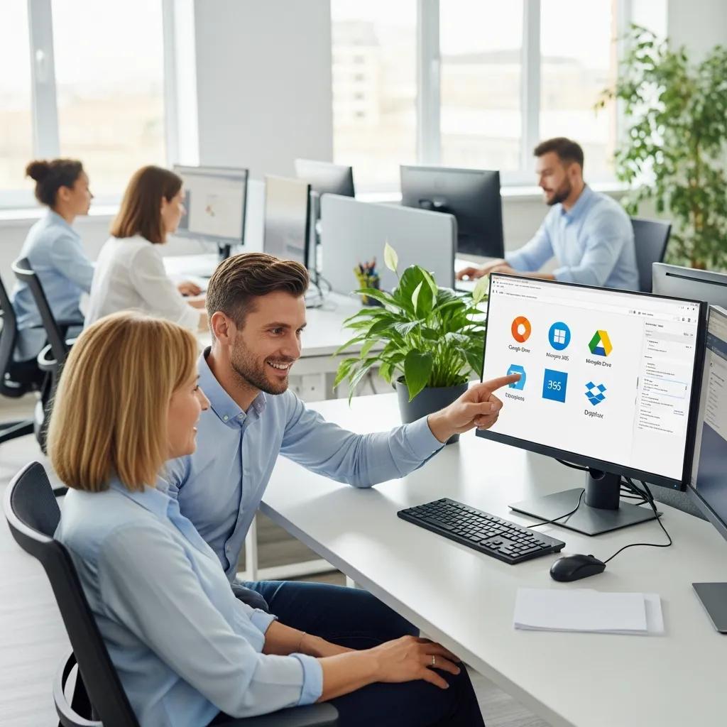 IT team providing post-migration support to a client in an office setting