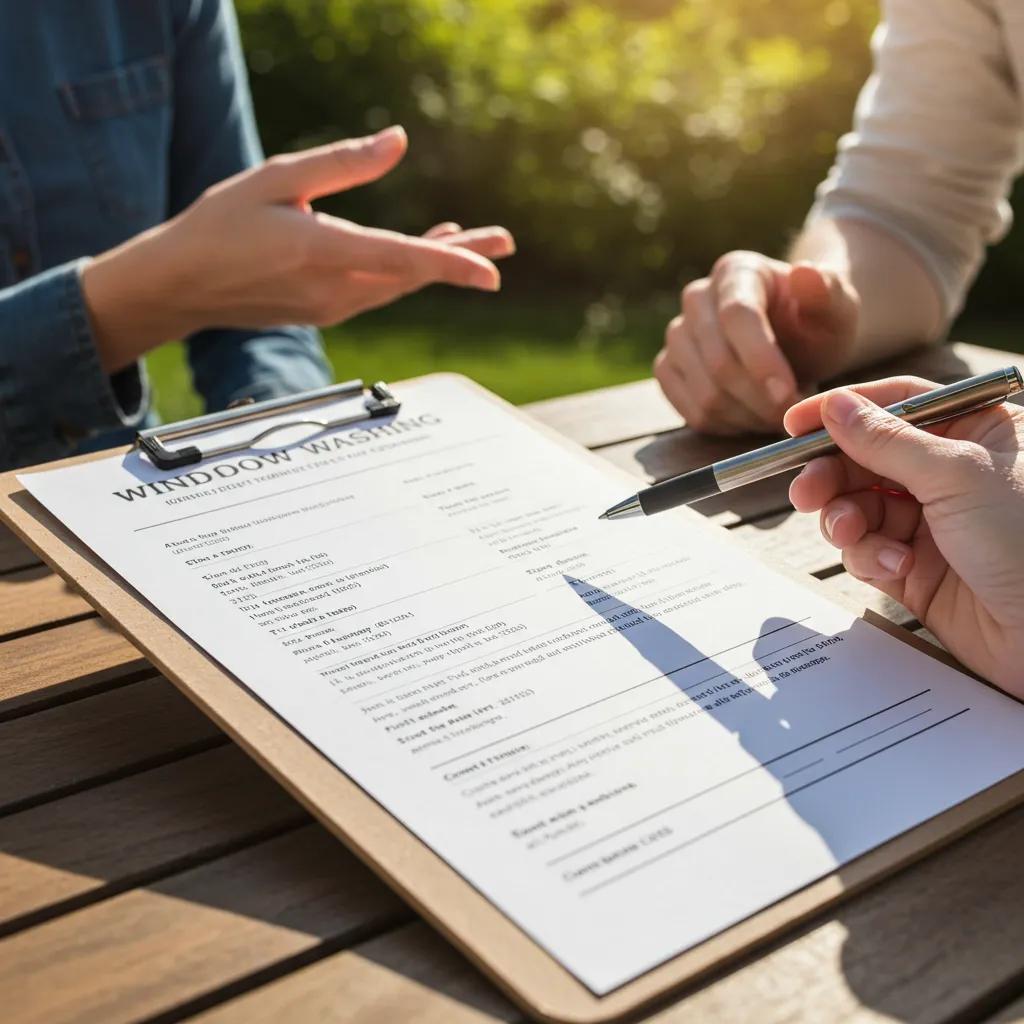 Itemized quote for window washing services on a clipboard in a sunny outdoor setting