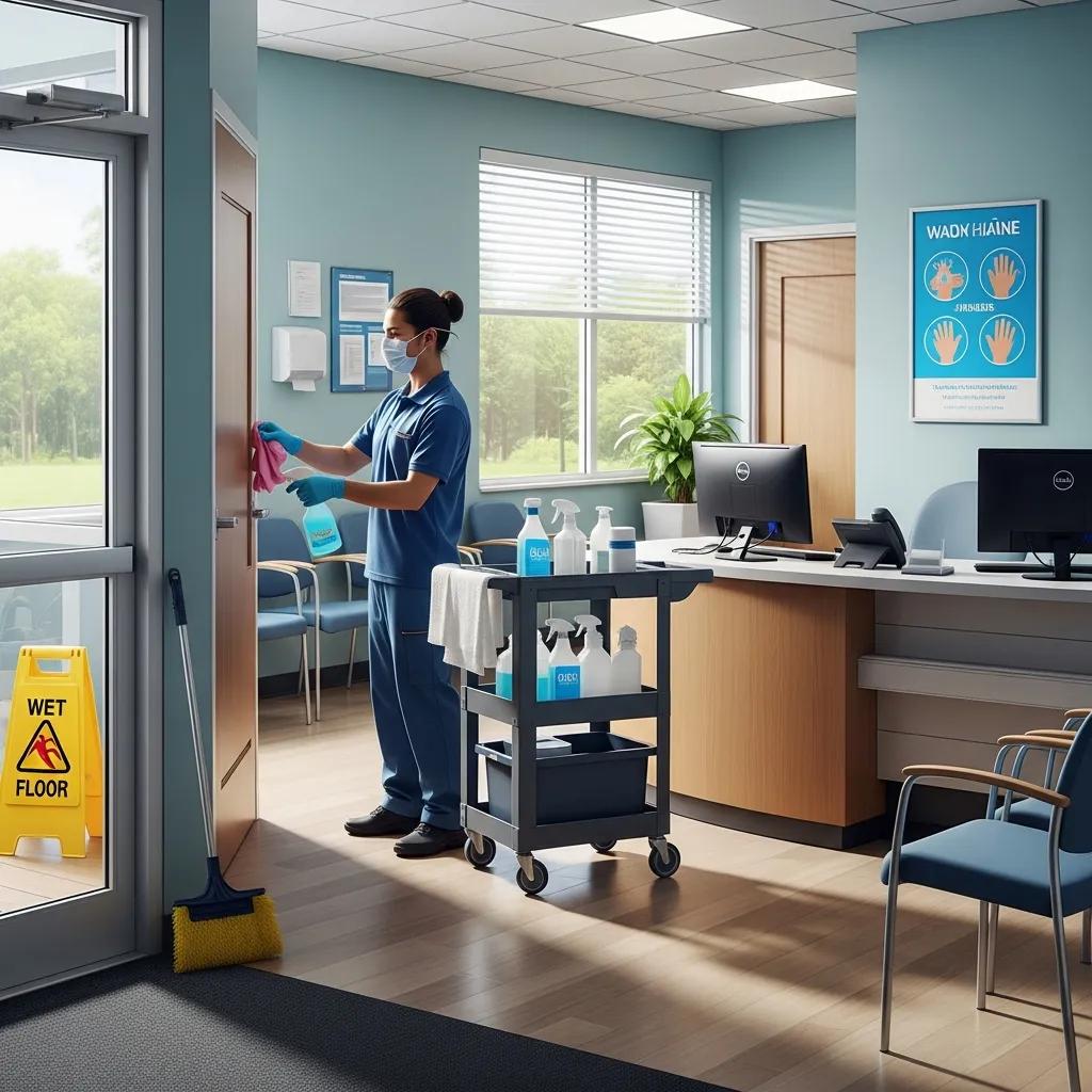 Janitorial worker sanitizing high-touch areas in a medical office