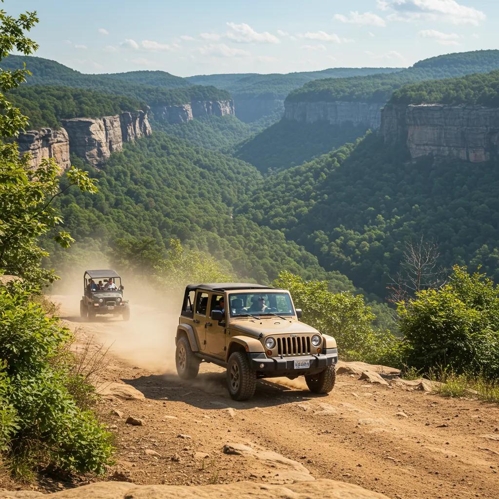 An adventurous jeep tour in New River Gorge, with passengers enjoying rugged terrain and stunning scenic views