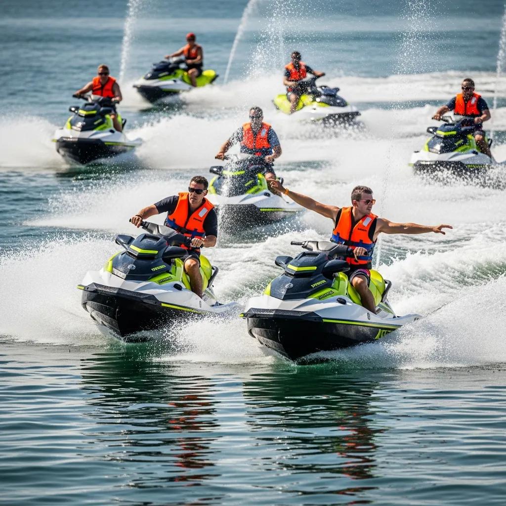 Jetski operators practicing safety measures on the water, emphasizing best practices for safe operation