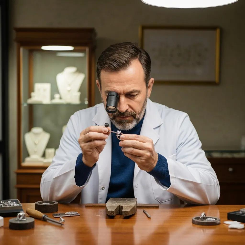 Jeweler inspecting engagement ring, highlighting warranty and quality assurance